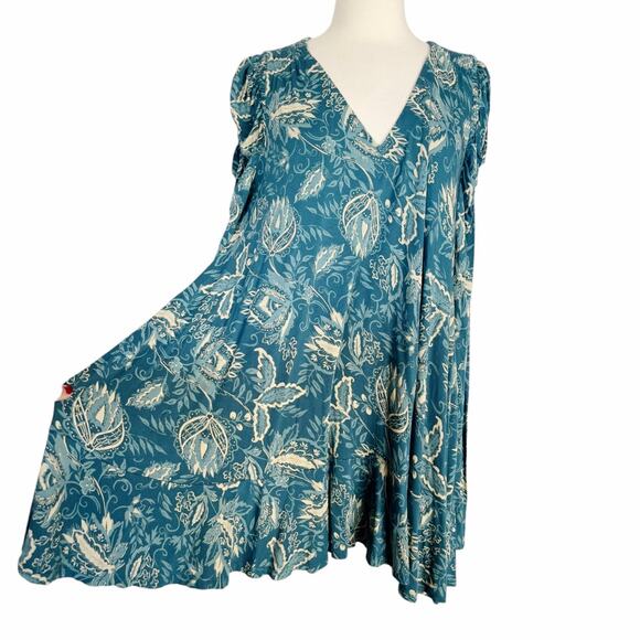 FREE PEOPLE Hello Lover Blue Green Tunic Top Shoulder Long Sleeves V-Neck Small - Picture 5 of 10